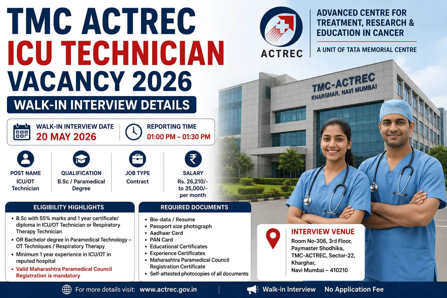 TMC ACTREC ICU Technician Vacancy 2026